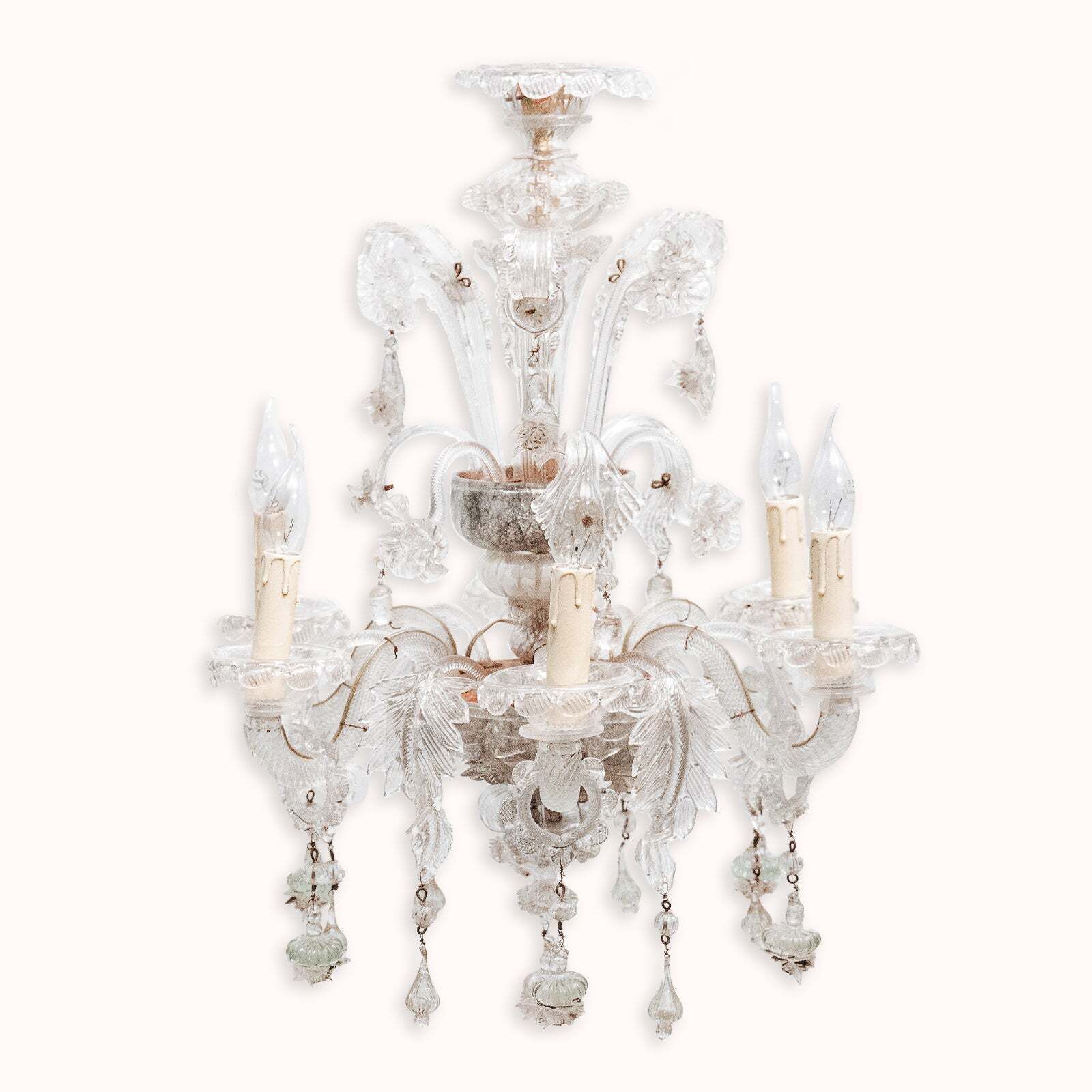 Vintage Venetian Hand Blown White Murano Glass 6 Lights Chandelier