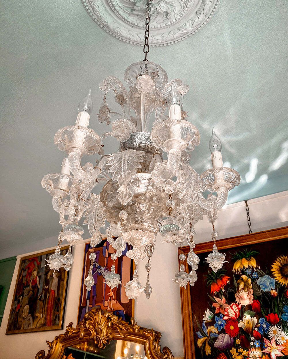 Vintage Venetian Hand Blown White Murano Glass 6 Lights Chandelier photo furniture