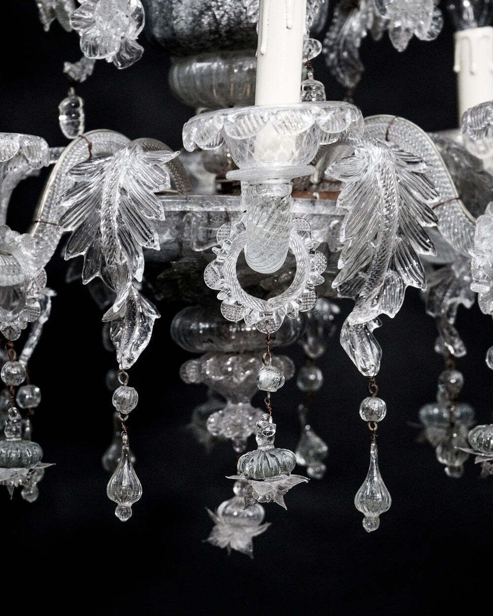 Vintage Venetian Hand Blown White Murano Glass 6 Lights Chandelier photo Lighting