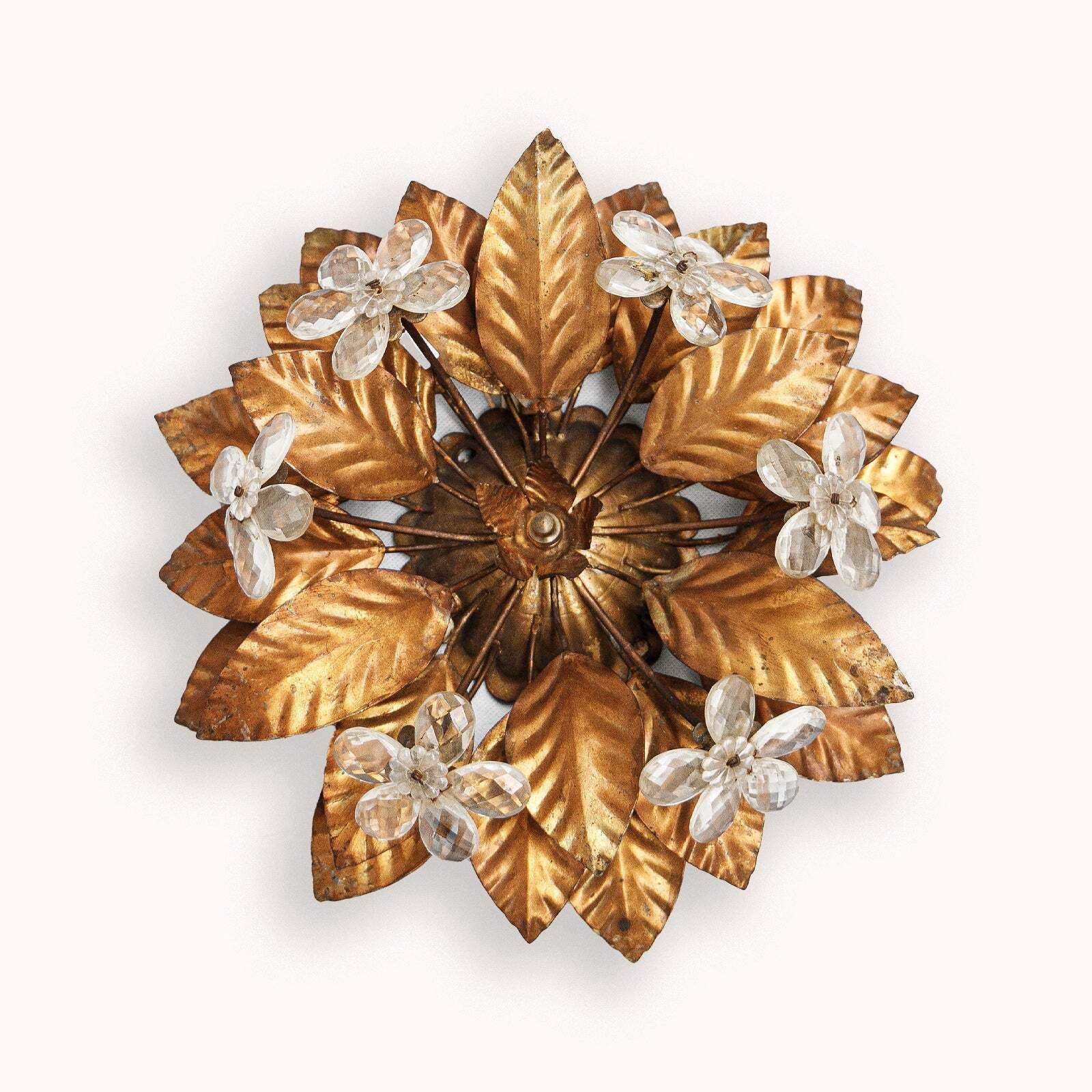 Vintage Vergulde Metalen Bloemvormige Wand  Of Plafondlamp