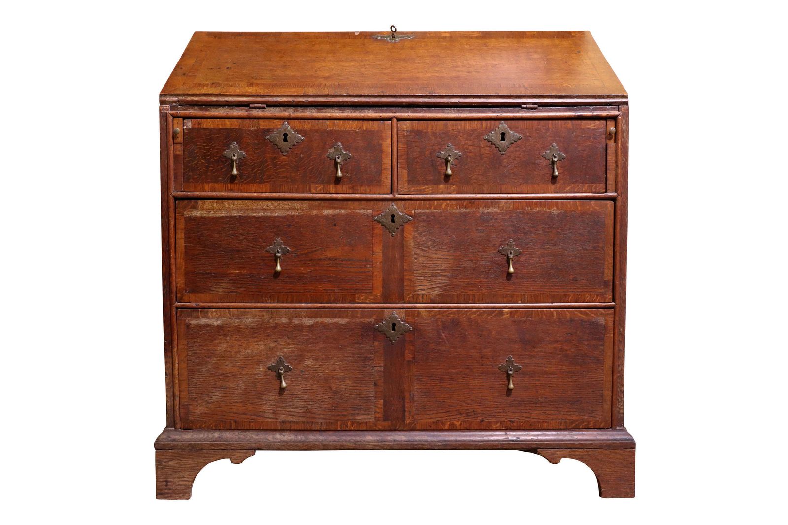 A Fine 18th Century Crossbanded Oak Bureau With Stepped Interior & Secret Drawers