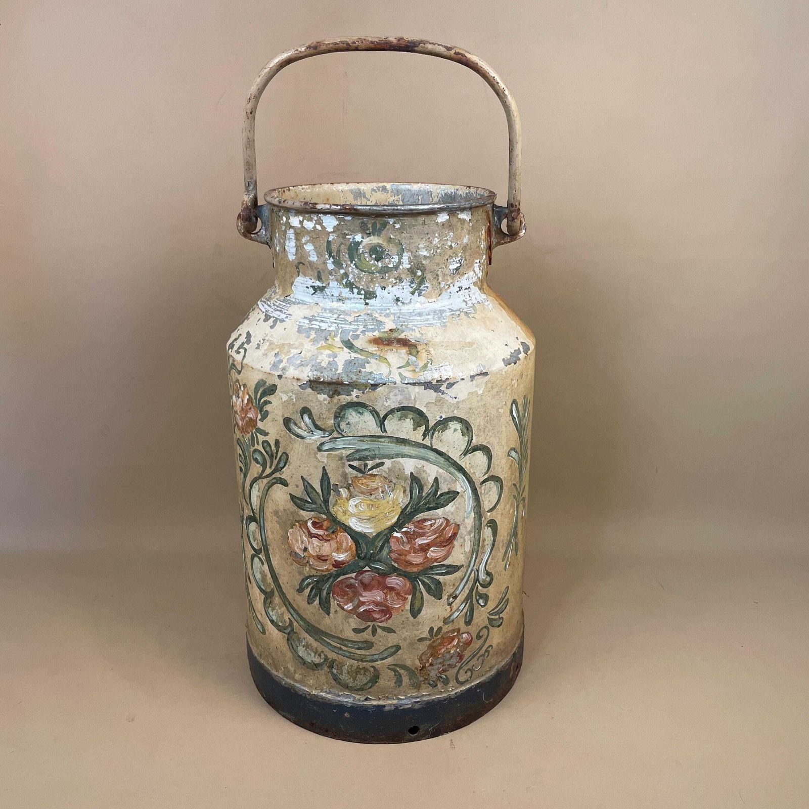 Antique Metal Milk Churn Hand Painted Floral Pattern Vintage Planter Pot Weathered Garden Outdoor Plant Holder Patterned Original Heavy Old