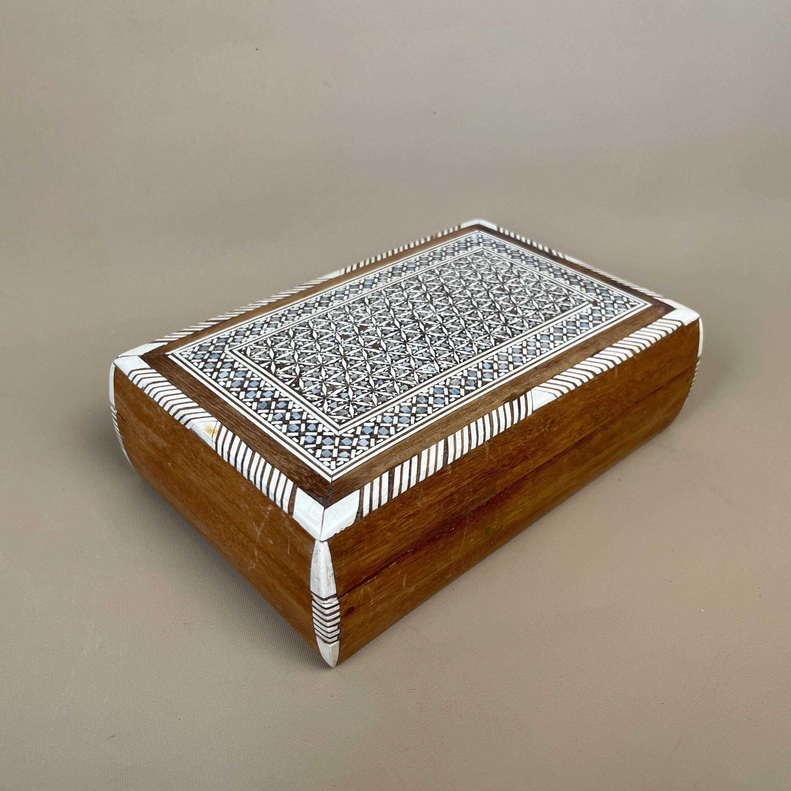 Vintage Wooden Mother Of Pearl Inlay Box Trinket Jewellery Indian Geometric Rectangular Rectangle photo furniture