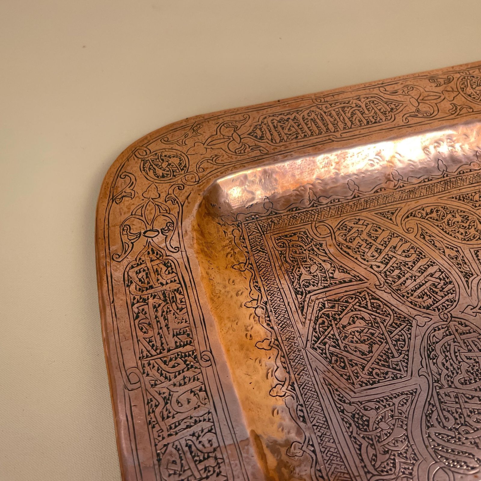 Antique Metal Copper Rectangle Middle East Patterned Tray 36x23.5cm Plate Handmade Art Intricate Vintage Decorative Pattern Traditional photo Home Decor