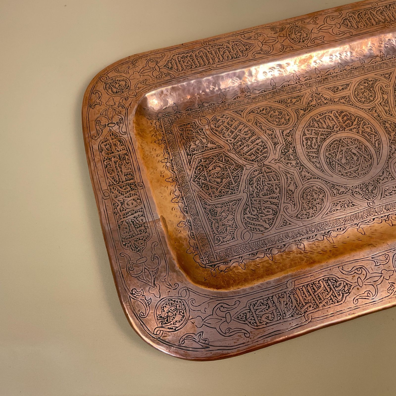 Antique Metal Copper Rectangle Middle East Patterned Tray 36x23.5cm Plate Handmade Art Intricate Vintage Decorative Pattern Traditional photo 59.0