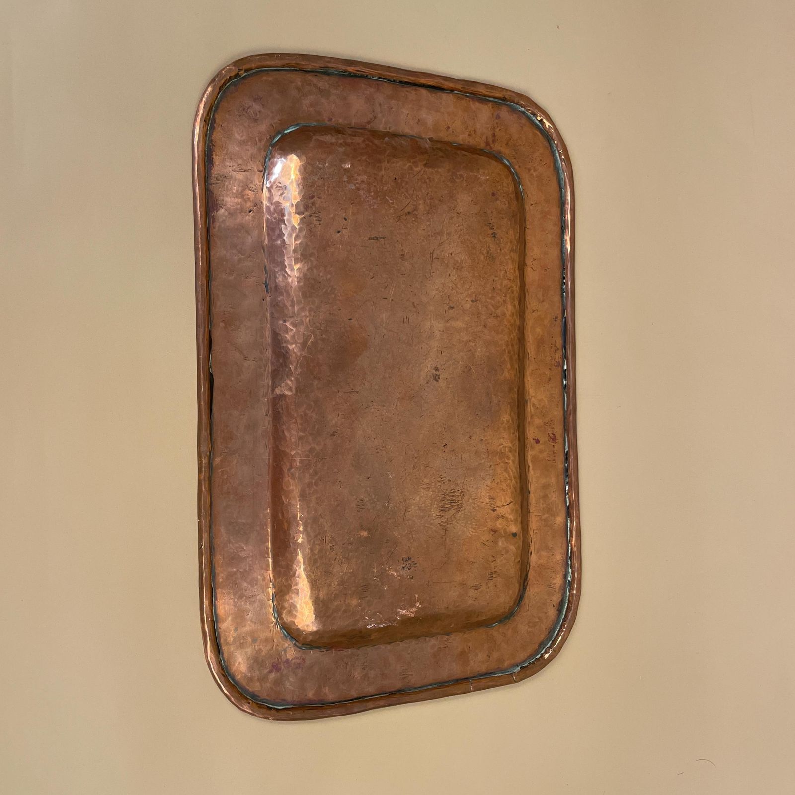 Antique Metal Copper Rectangle Middle East Patterned Tray 36x23.5cm Plate Handmade Art Intricate Vintage Decorative Pattern Traditional photo vintage