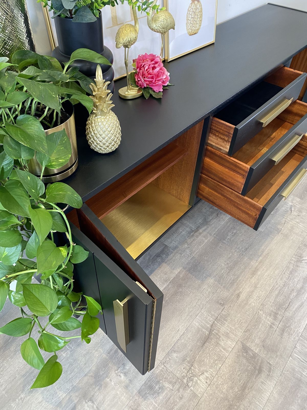 Mid Century Modern G Plan Sideboard Painted Black With Gold Handles photo vintage