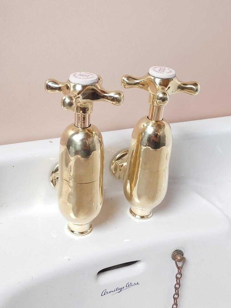 Antique Brass Bottle Bath Faucet Taps Pair, Overhauled Ready To Fit, Vintage Polished Brass Globe Taps