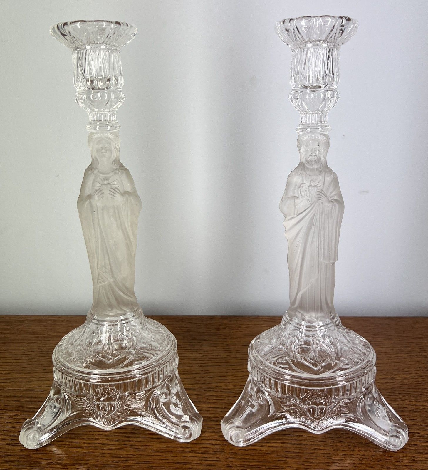 Candlesticks Pair Vintage Glass Religious Jesus & Mary Holders Lot 4021