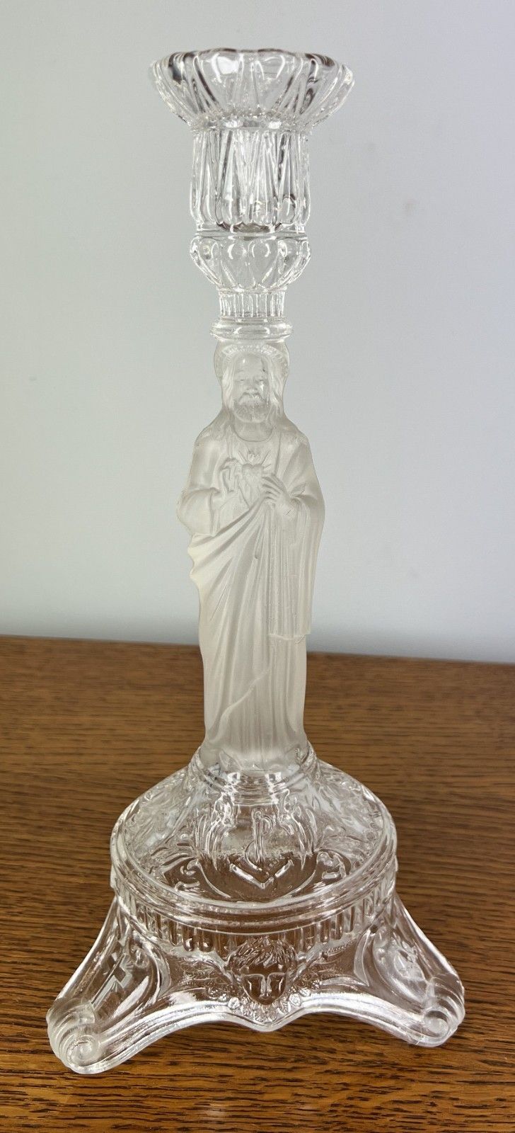 photo for sale Candlesticks Pair Vintage Glass Religious Jesus & Mary Holders Lot 4021