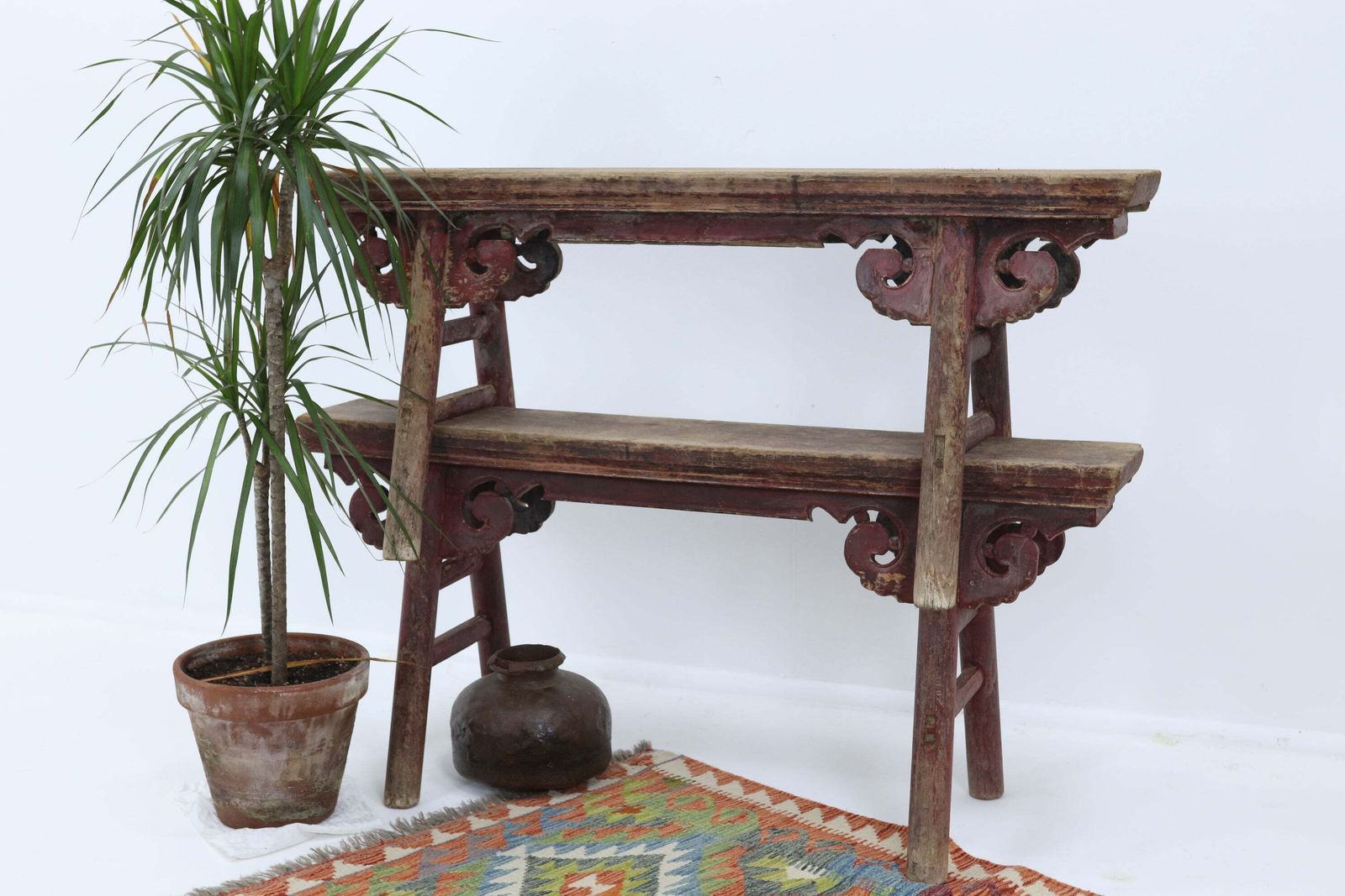 Mid 19th Century Pair Of Chinese Red Lacquered Spring Benches