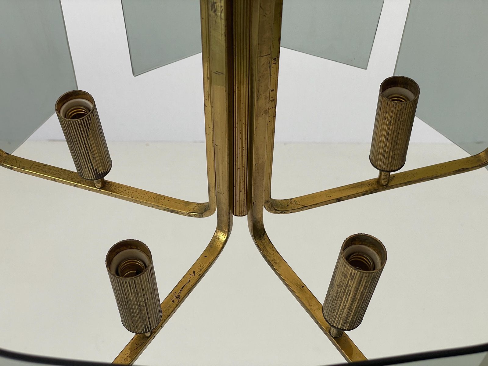 5 Socket Gray Glass & Brass Body Chandelier, 1960s, Italy photo vinterior