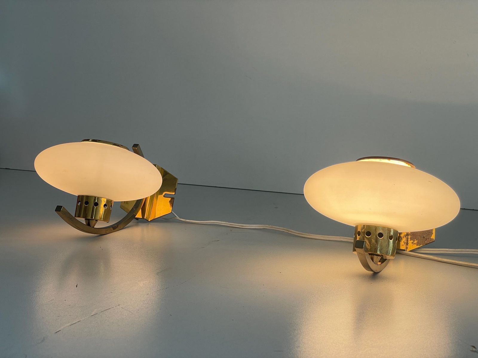 Mid Century Modern Brass And Glass Pair Of Sconces In The Style Of Stilnovo, 1960s, Italy photo 2130.0