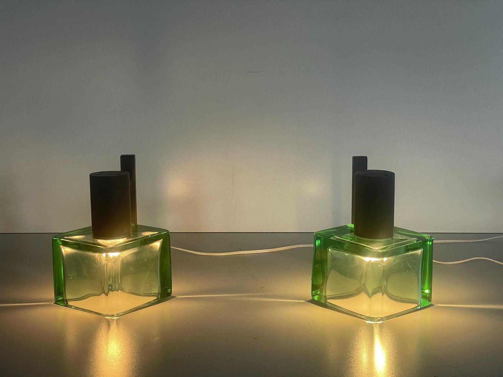 photo for sale Exclusive Green Glass And Metal Pair Of Wall Lamps By Seguso, 1950s, Italy