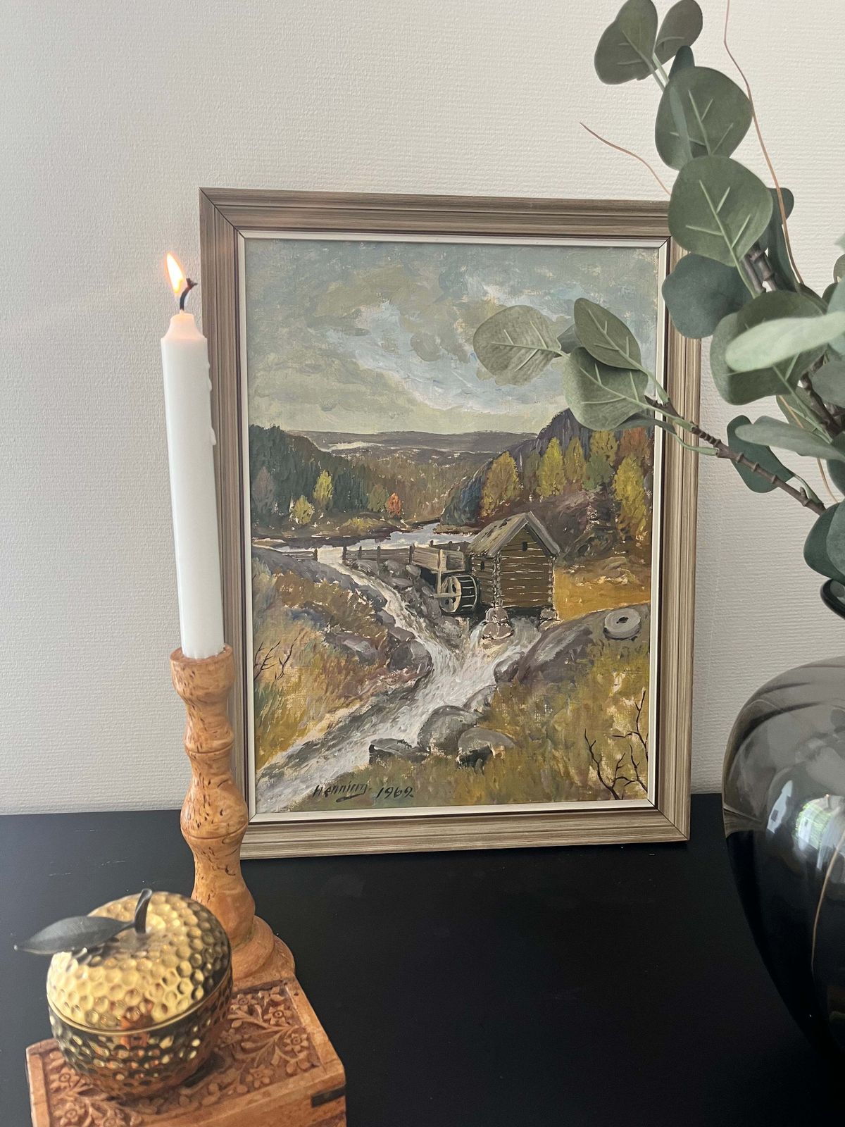 Rustic Watermill Landscape  Oil Painting By Swedish Artist Henning, 1962