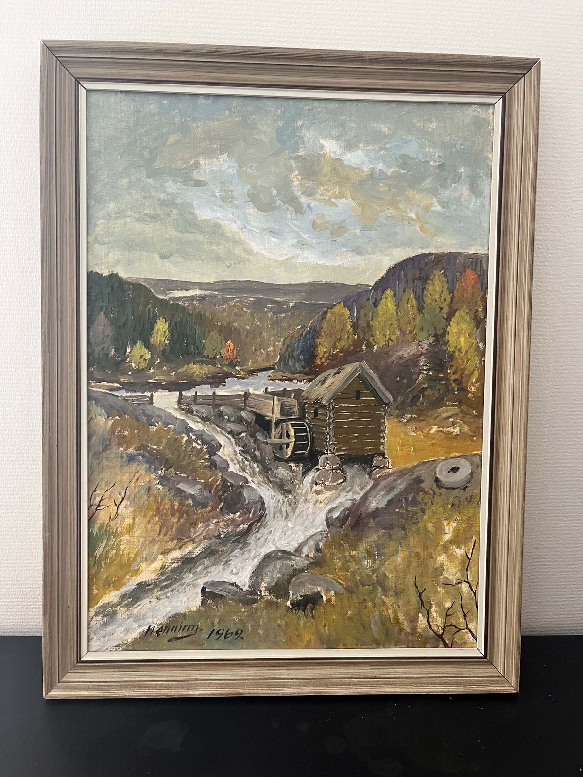 Rustic Watermill Landscape  Oil Painting By Swedish Artist Henning, 1962 photo furniture