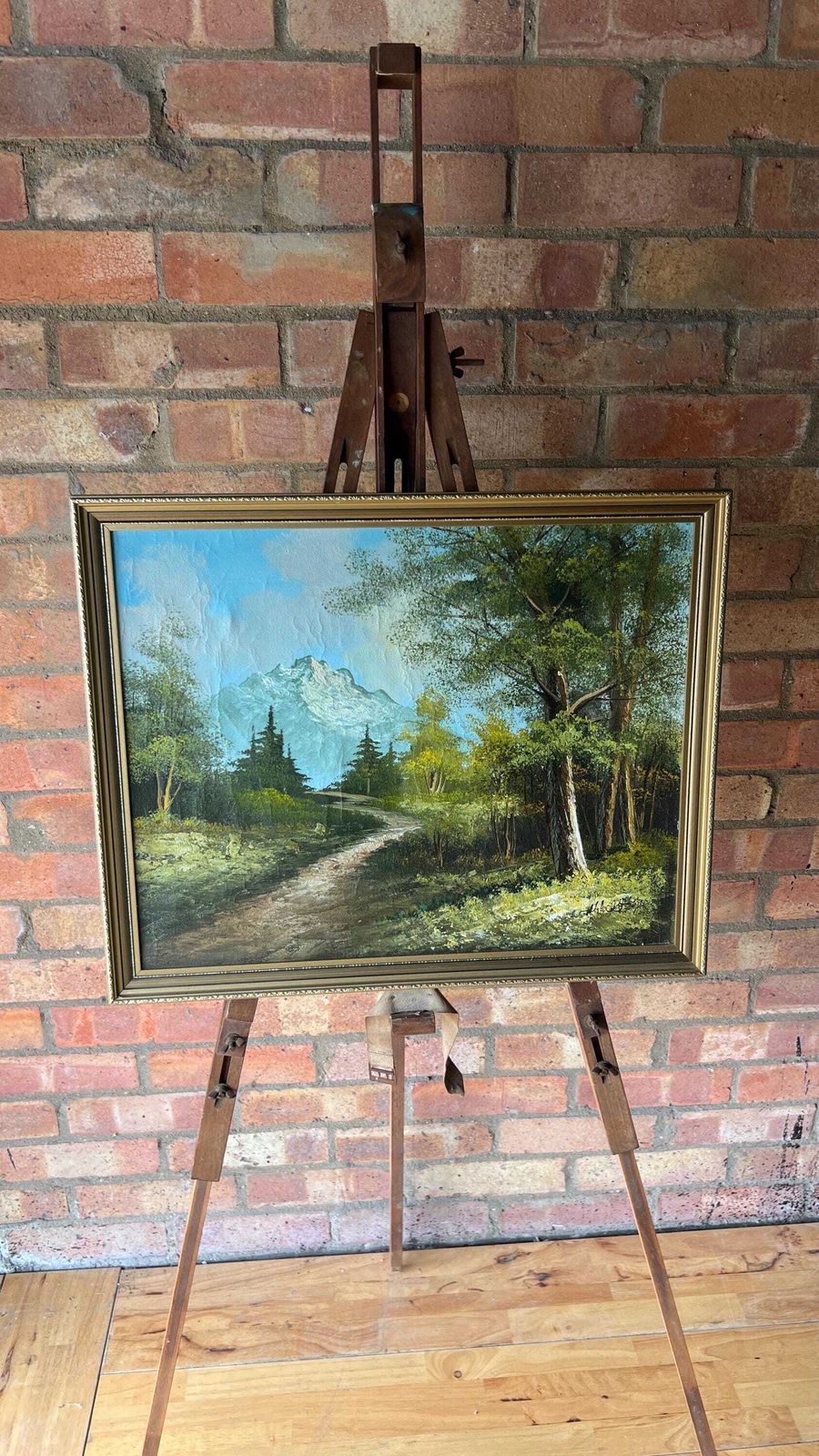 Late 20th Century Framed Oil Painting — Serene Mountain Forest Path Landscape photo furniture