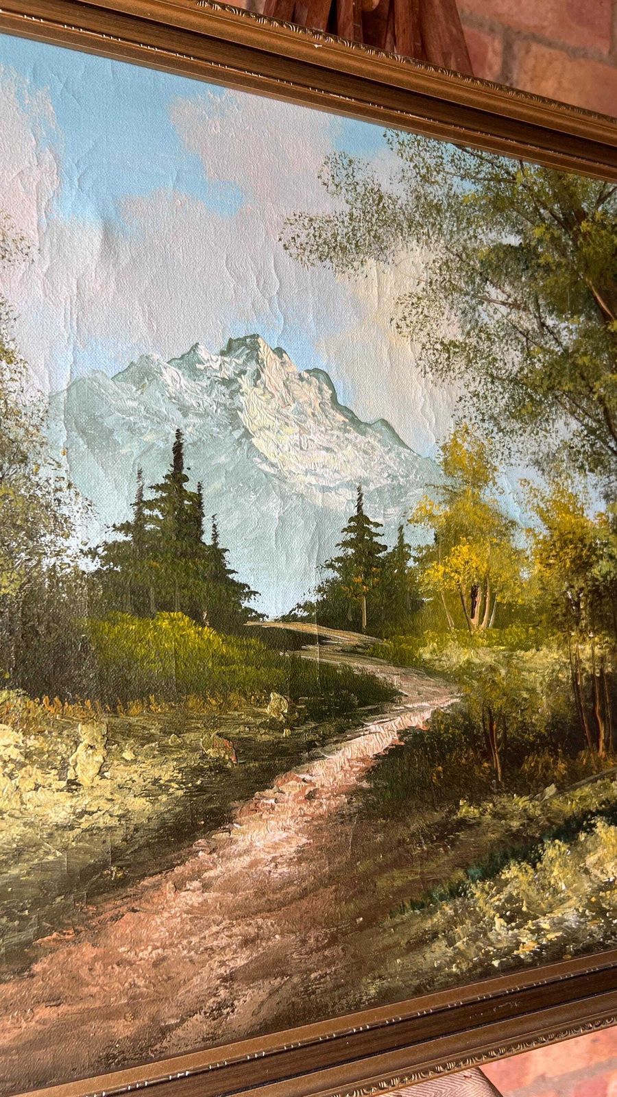 Late 20th Century Framed Oil Painting — Serene Mountain Forest Path Landscape photo for sale