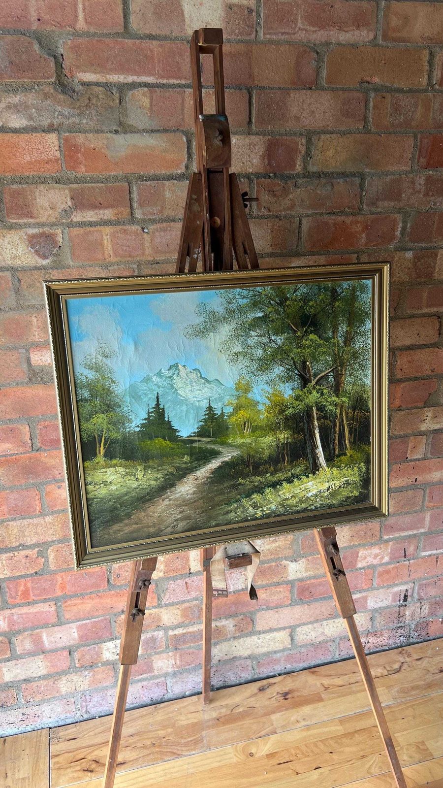 photo furniture Late 20th Century Framed Oil Painting — Serene Mountain Forest Path Landscape