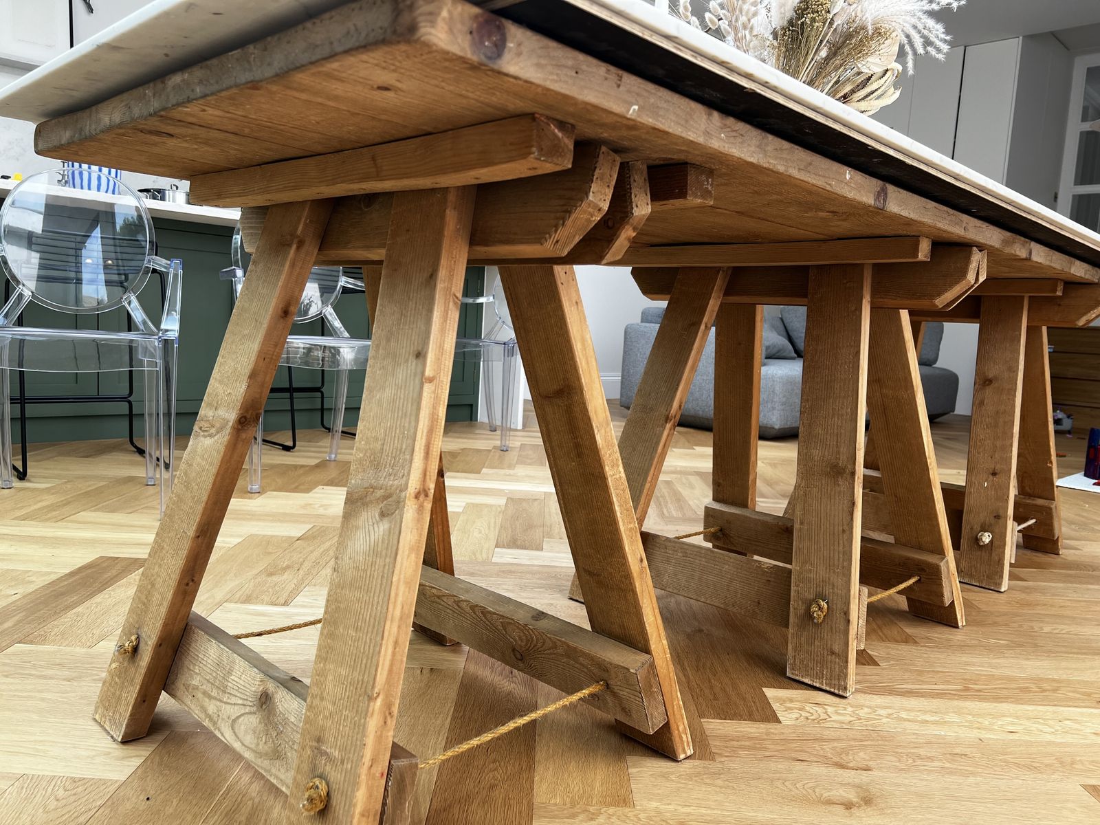 Quartz Top Wooden Trestle Dining Table photo for sale