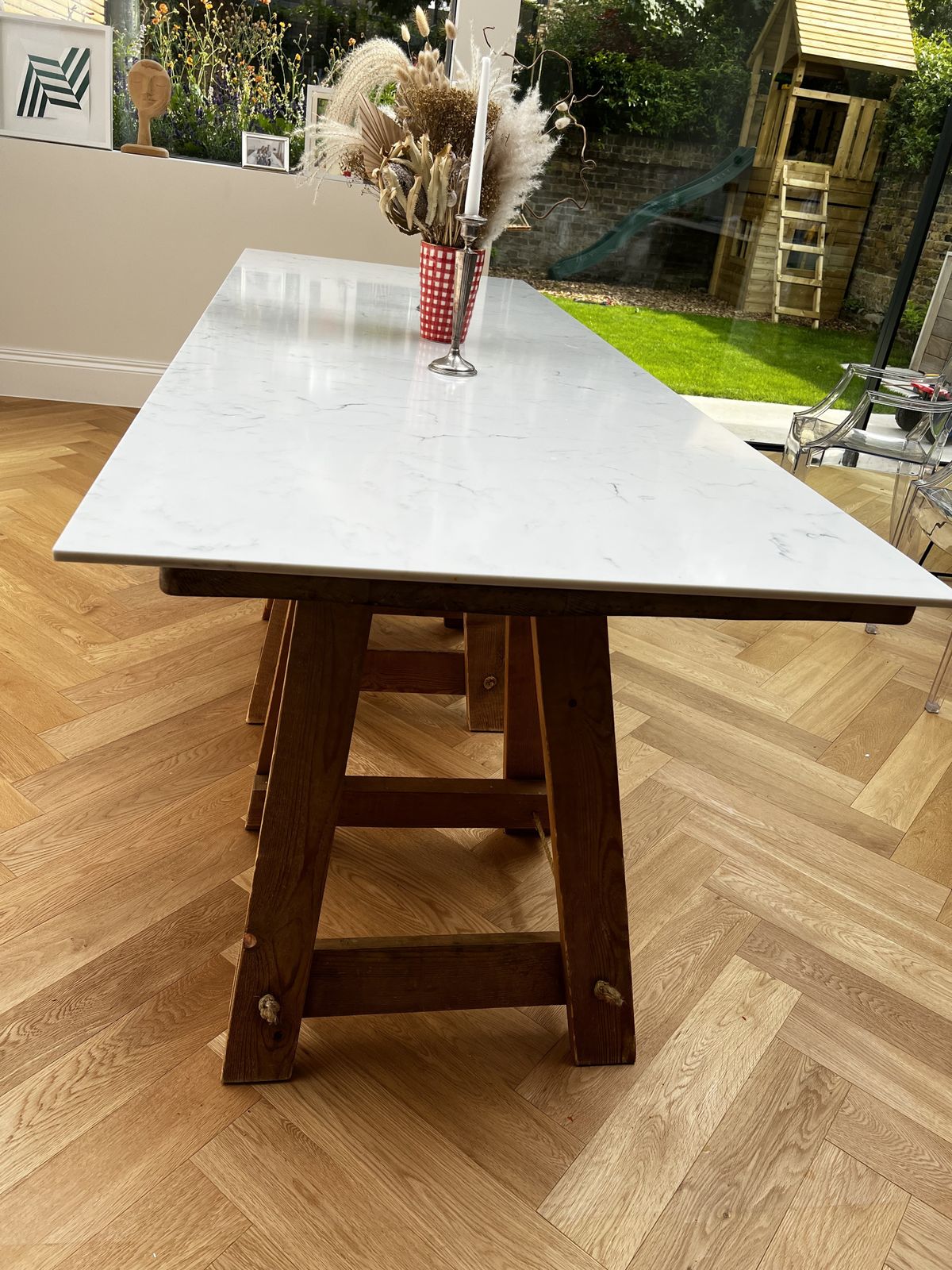 Quartz Top Wooden Trestle Dining Table photo vinterior