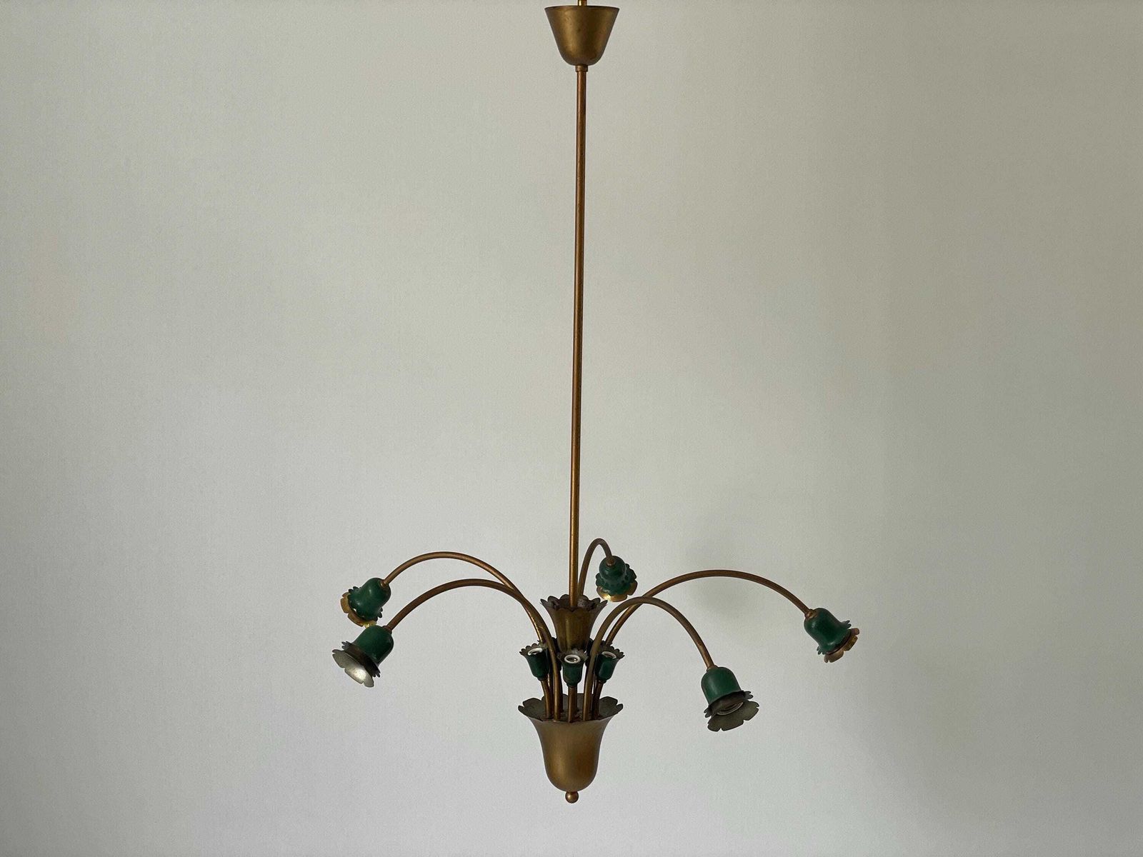 Mid Century Modern 5 Head Green Metal And Brass Chandelier, 1950s, Italy photo Lighting