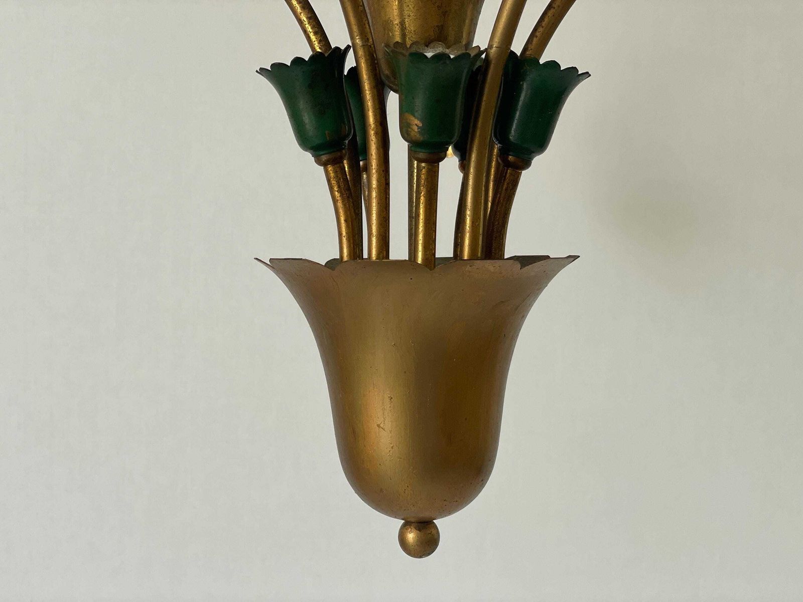 Mid Century Modern 5 Head Green Metal And Brass Chandelier, 1950s, Italy photo vinterior