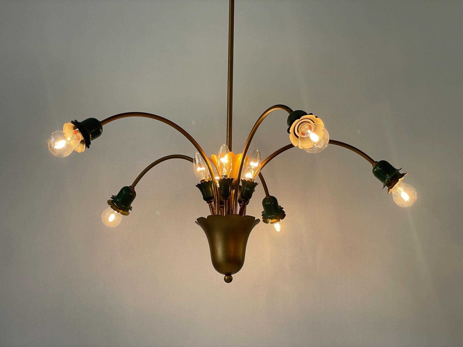 Mid Century Modern 5 Head Green Metal And Brass Chandelier, 1950s, Italy photo vintage