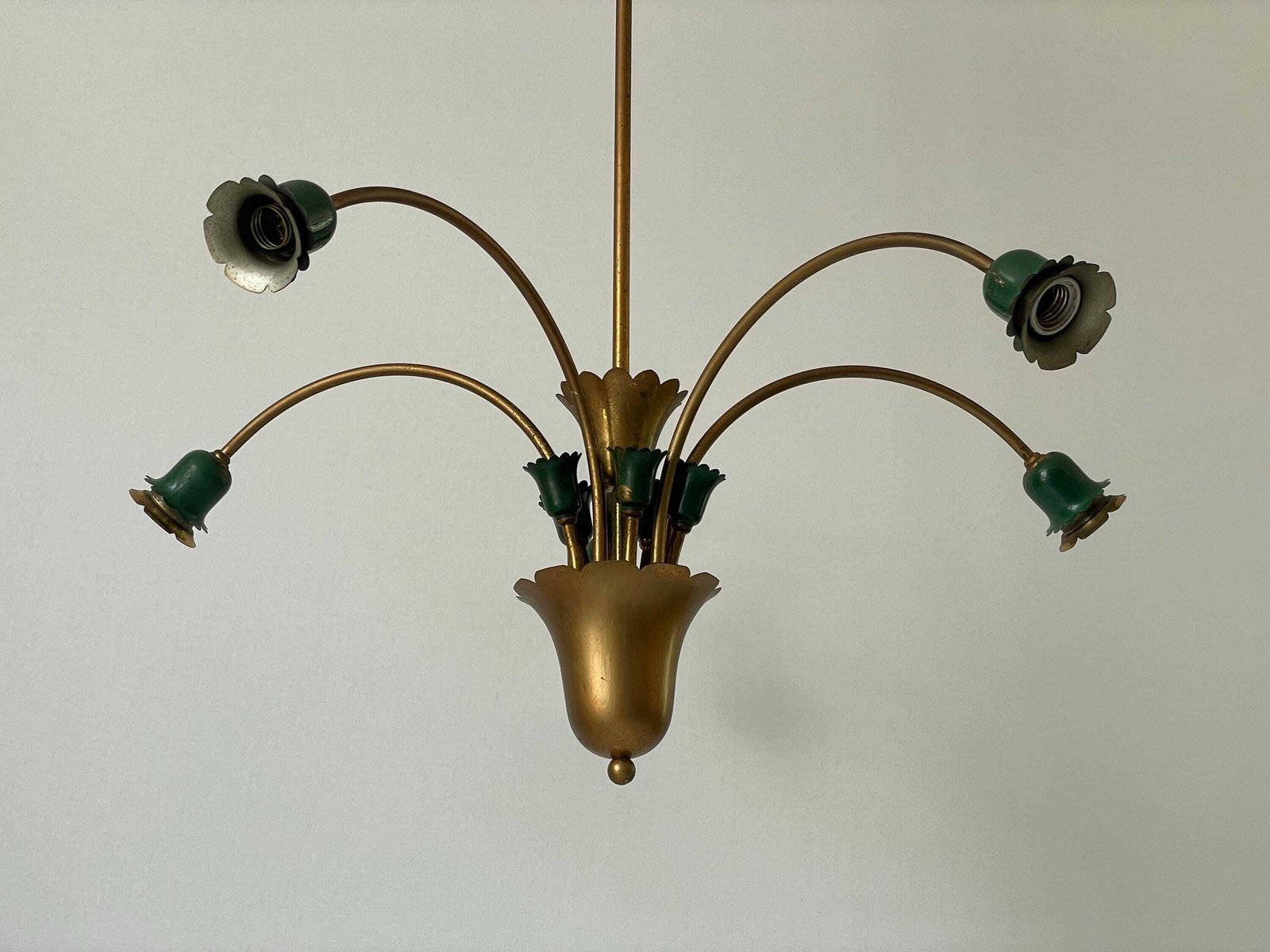photo furniture Mid Century Modern 5 Head Green Metal And Brass Chandelier, 1950s, Italy