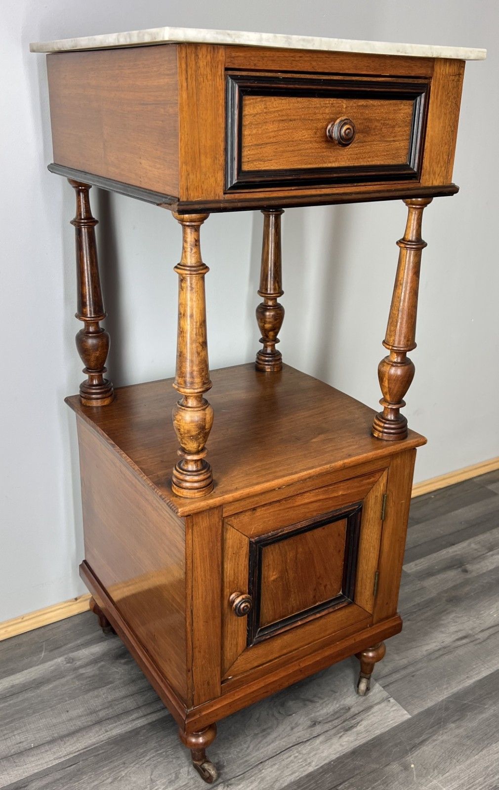 photo for sale Bedside Table Antique French Walnut Marble Top Cupboard Cabinet Lot 4043