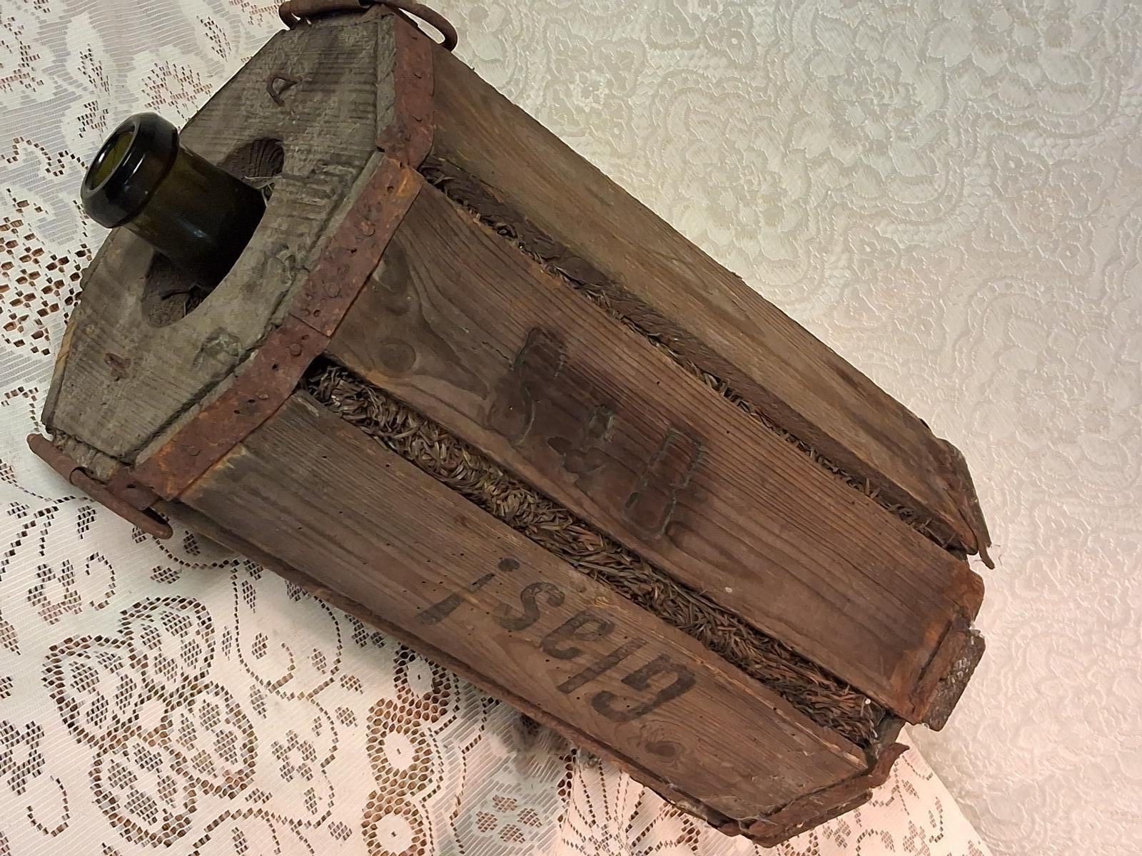 Hexagon Boxed Rare Demijohn From A German Merchant Ship Lime Green Glass photo vinterior