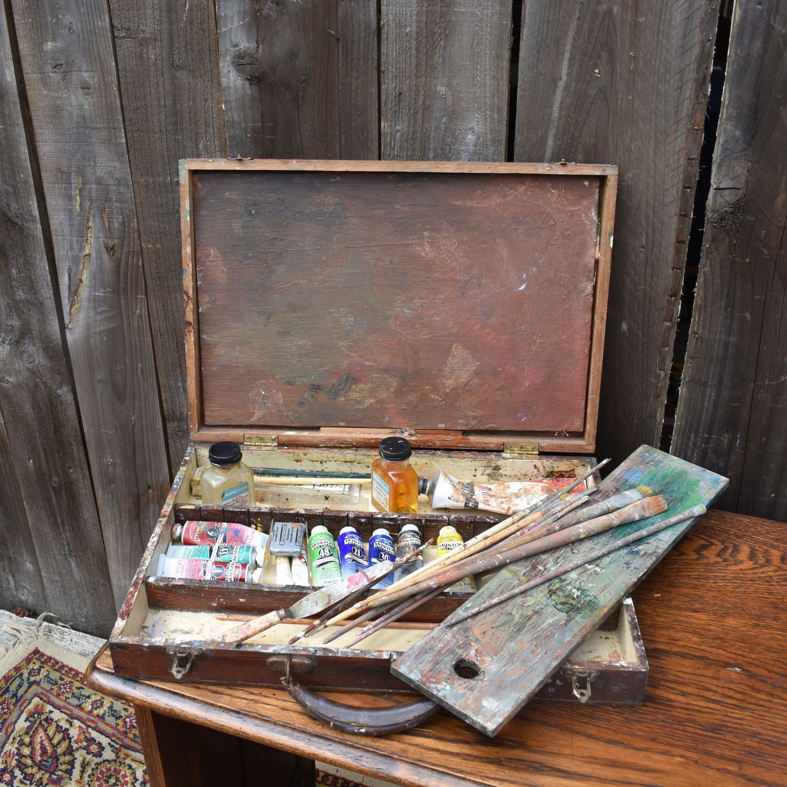 Antique Winsor And Newton Oil Paint Tubes Artist Wooden Box Travel Case photo furniture