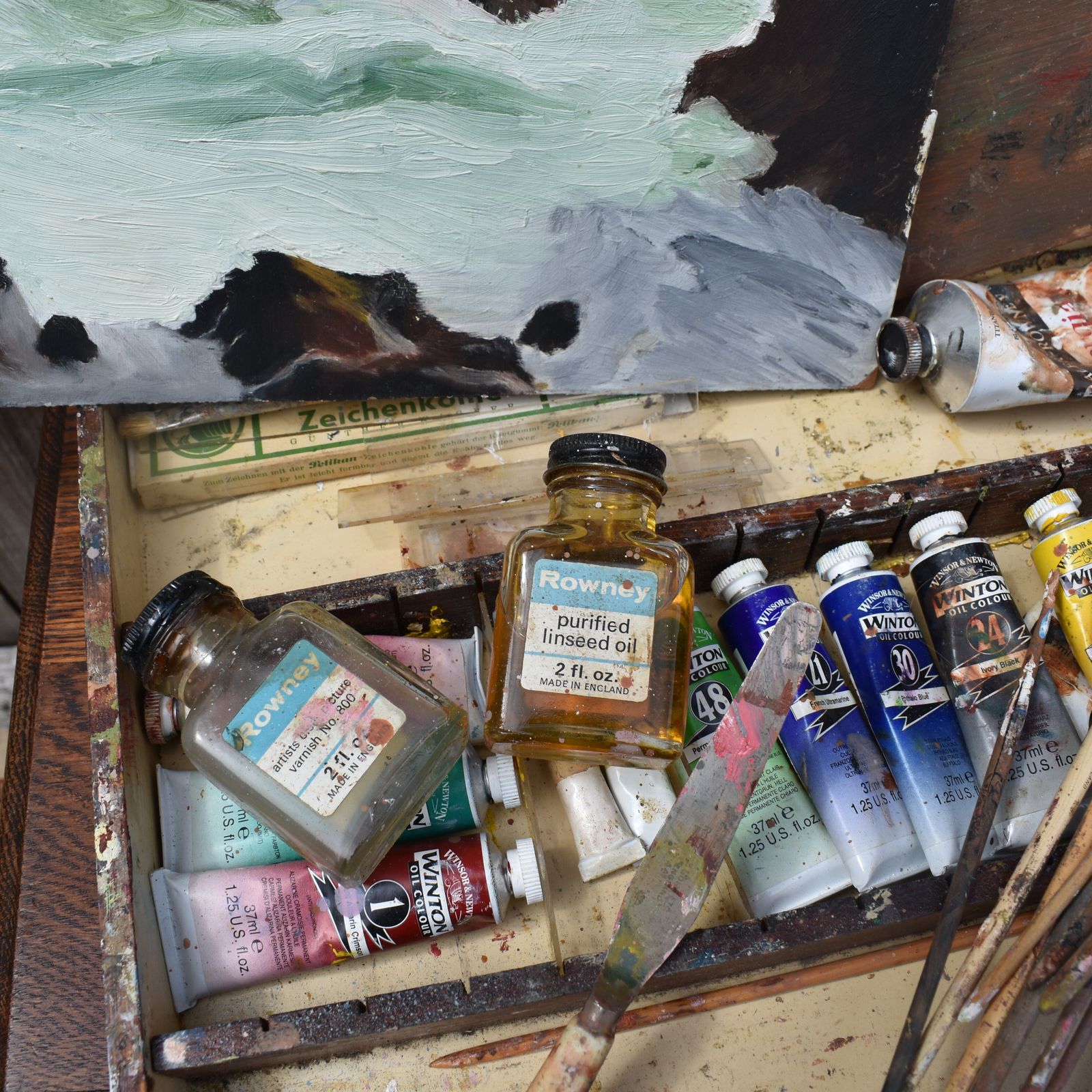 Antique Winsor And Newton Oil Paint Tubes Artist Wooden Box Travel Case photo for sale