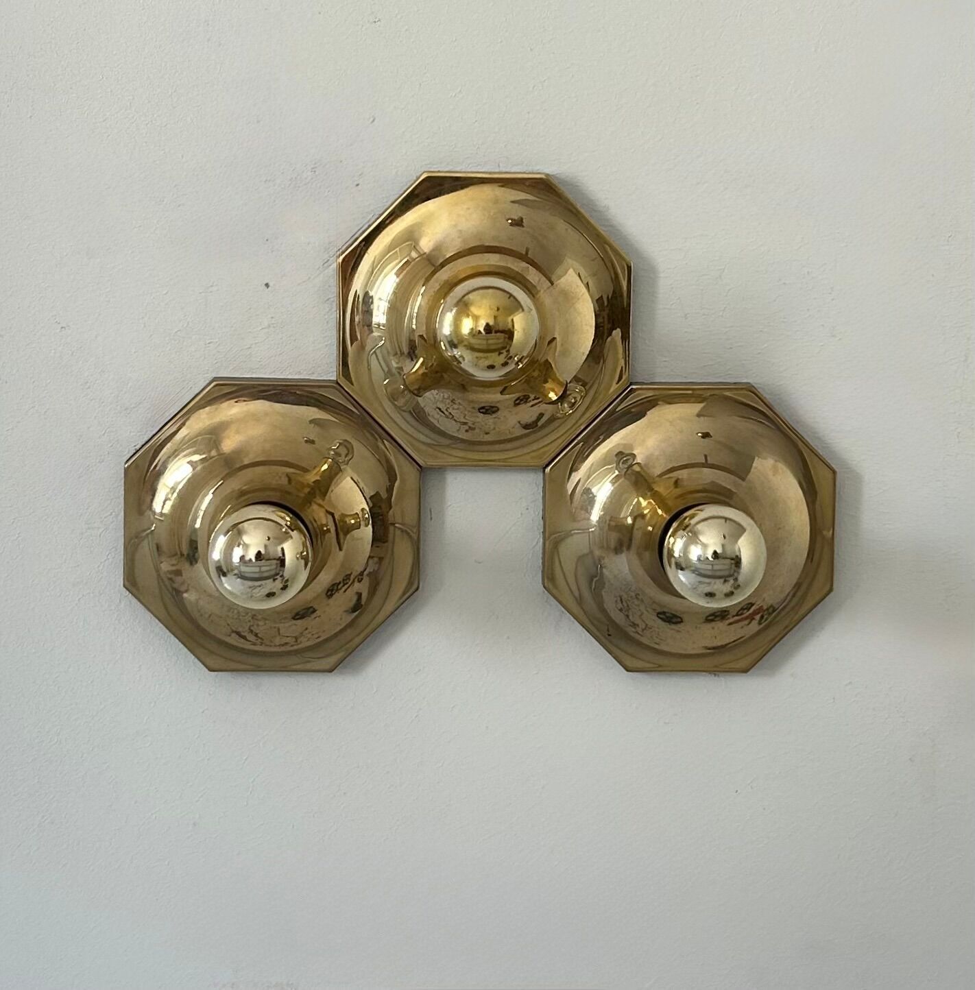 Set Of 3 Motoko Ishii Wall Lights For Staff Leuchten, Brass, 1970 photo 676.0