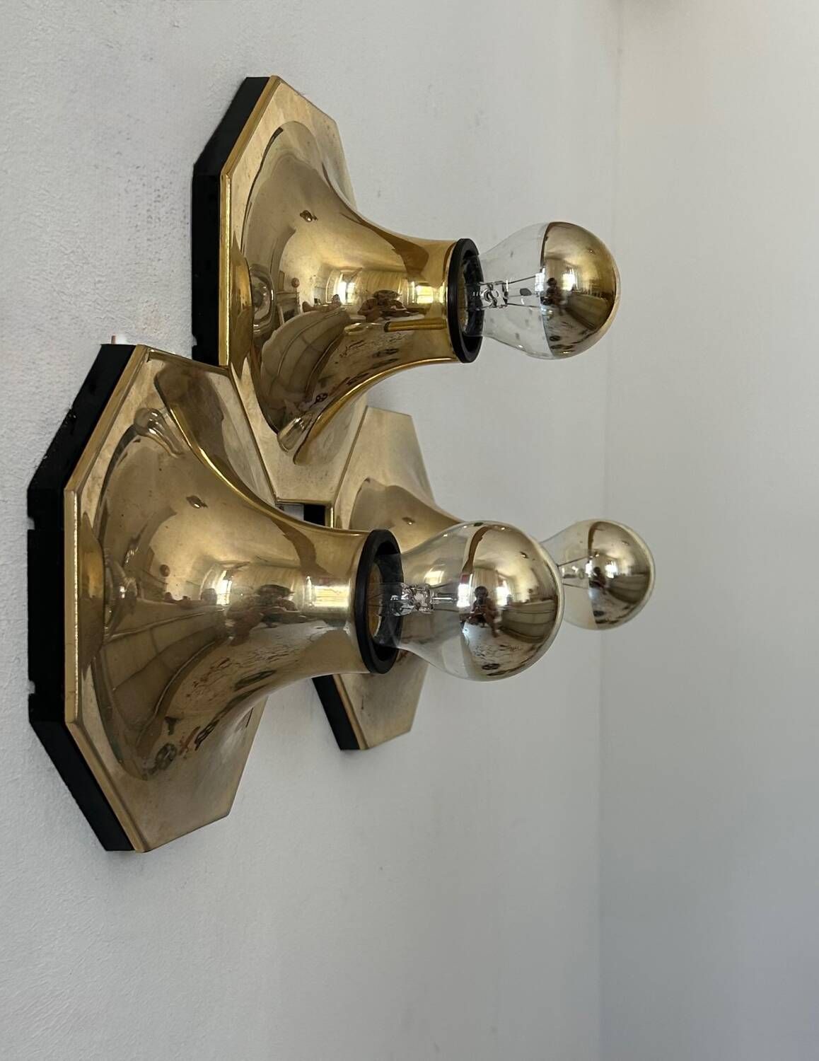 Set Of 3 Motoko Ishii Wall Lights For Staff Leuchten, Brass, 1970 photo vinterior