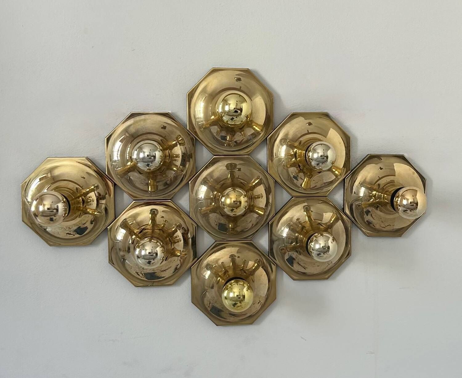 Set Of 9 Brass Wall Lights, Motoko Ishii For Staff Leuchten 1970 photo 2080.0