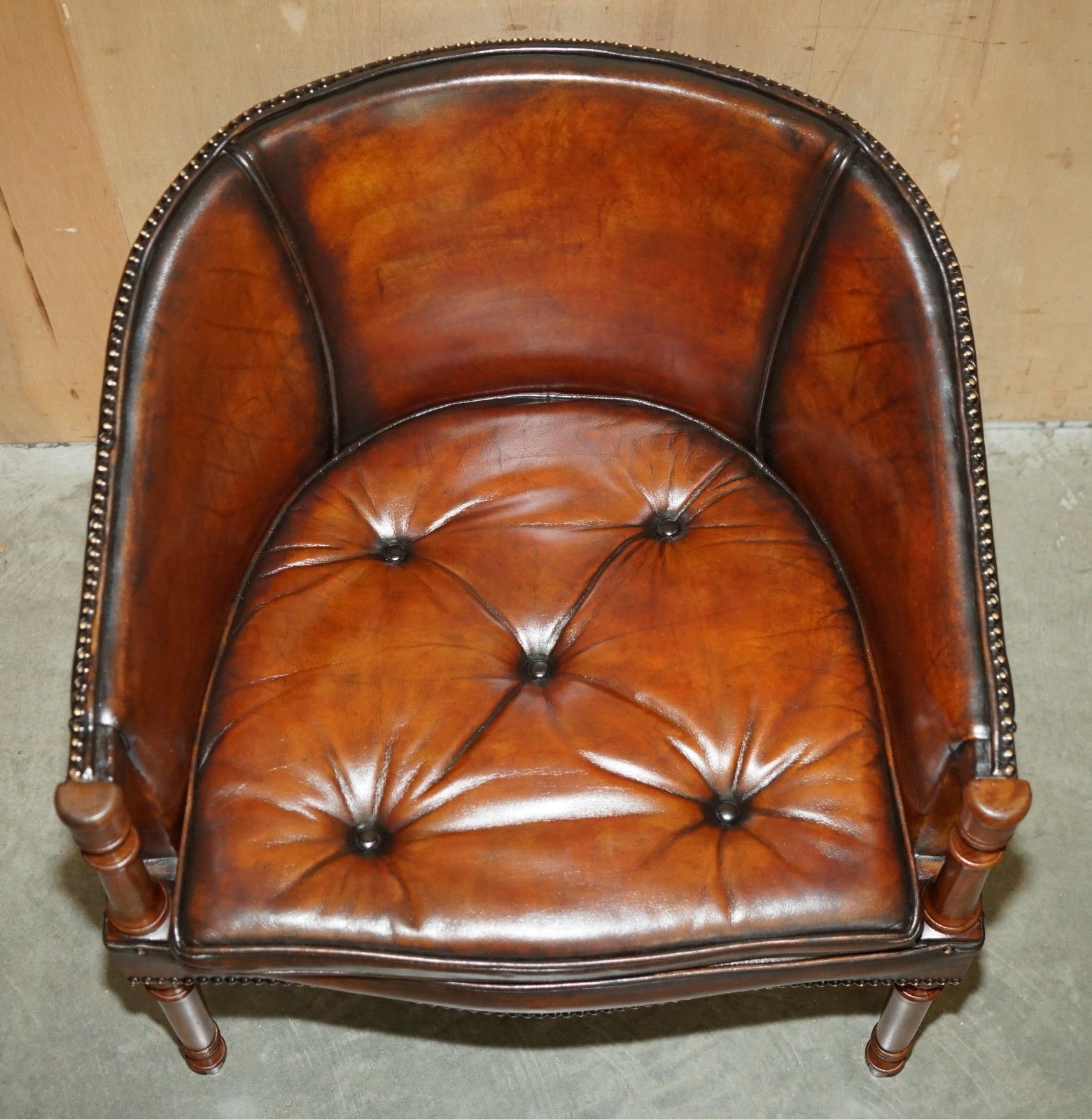 Pair Of Hand Dyed Brown Leather Davenport Barrel Back Chesterfield Armchairs photo 3950.0