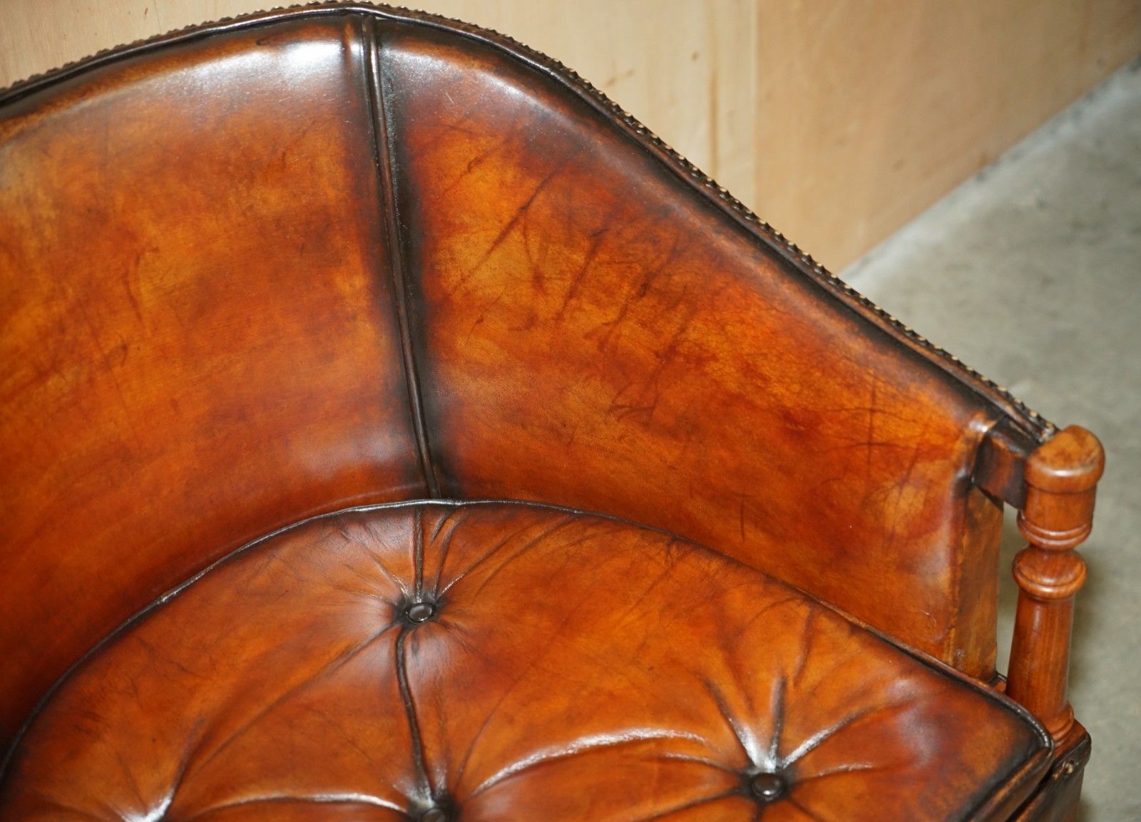 photo furniture Pair Of Hand Dyed Brown Leather Davenport Barrel Back Chesterfield Armchairs