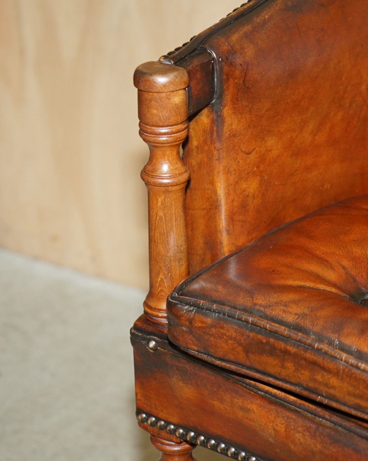 Furniture Pair Of Hand Dyed Brown Leather Davenport Barrel Back Chesterfield Armchairs photo
