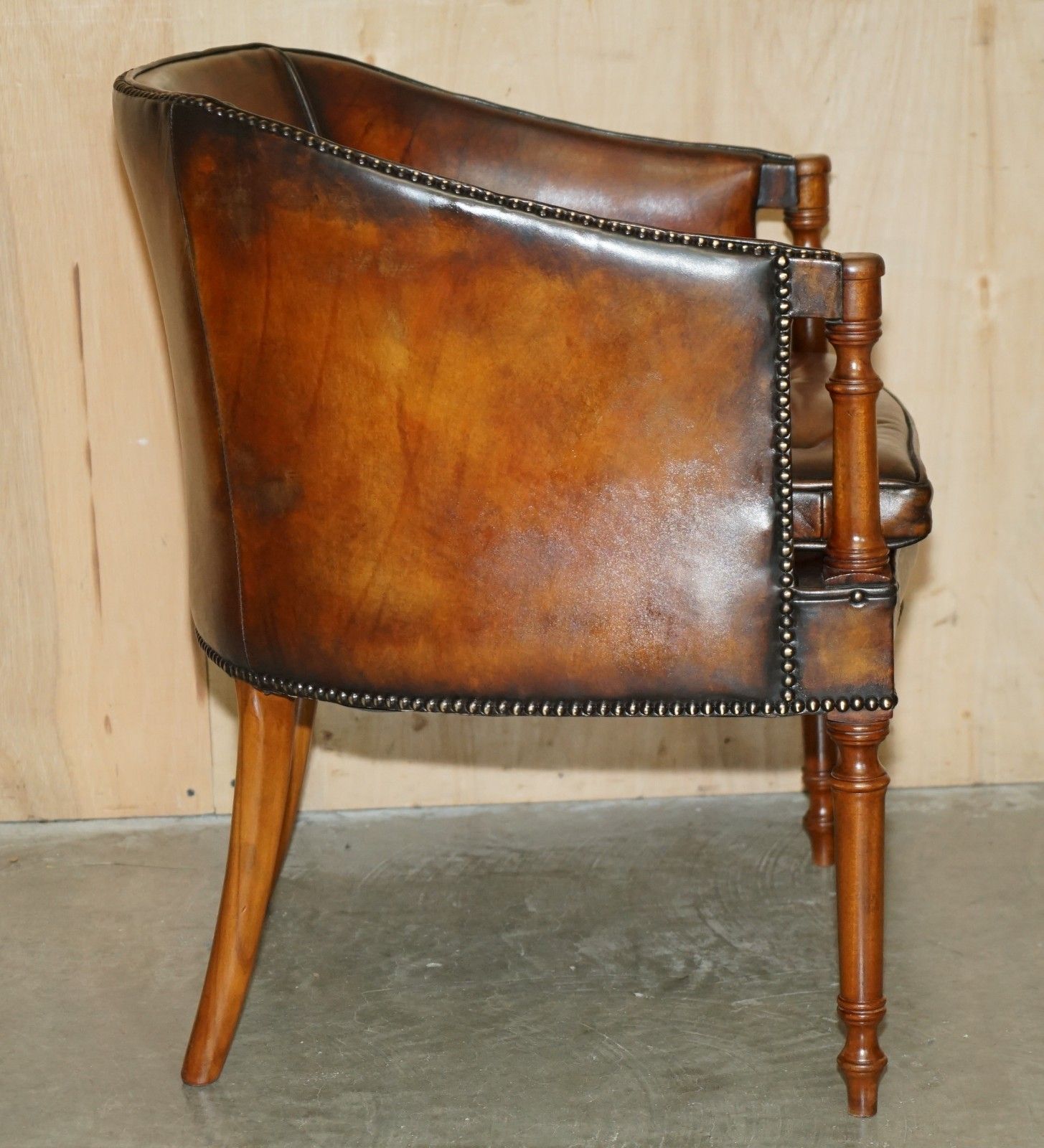 photo vinterior Pair Of Hand Dyed Brown Leather Davenport Barrel Back Chesterfield Armchairs