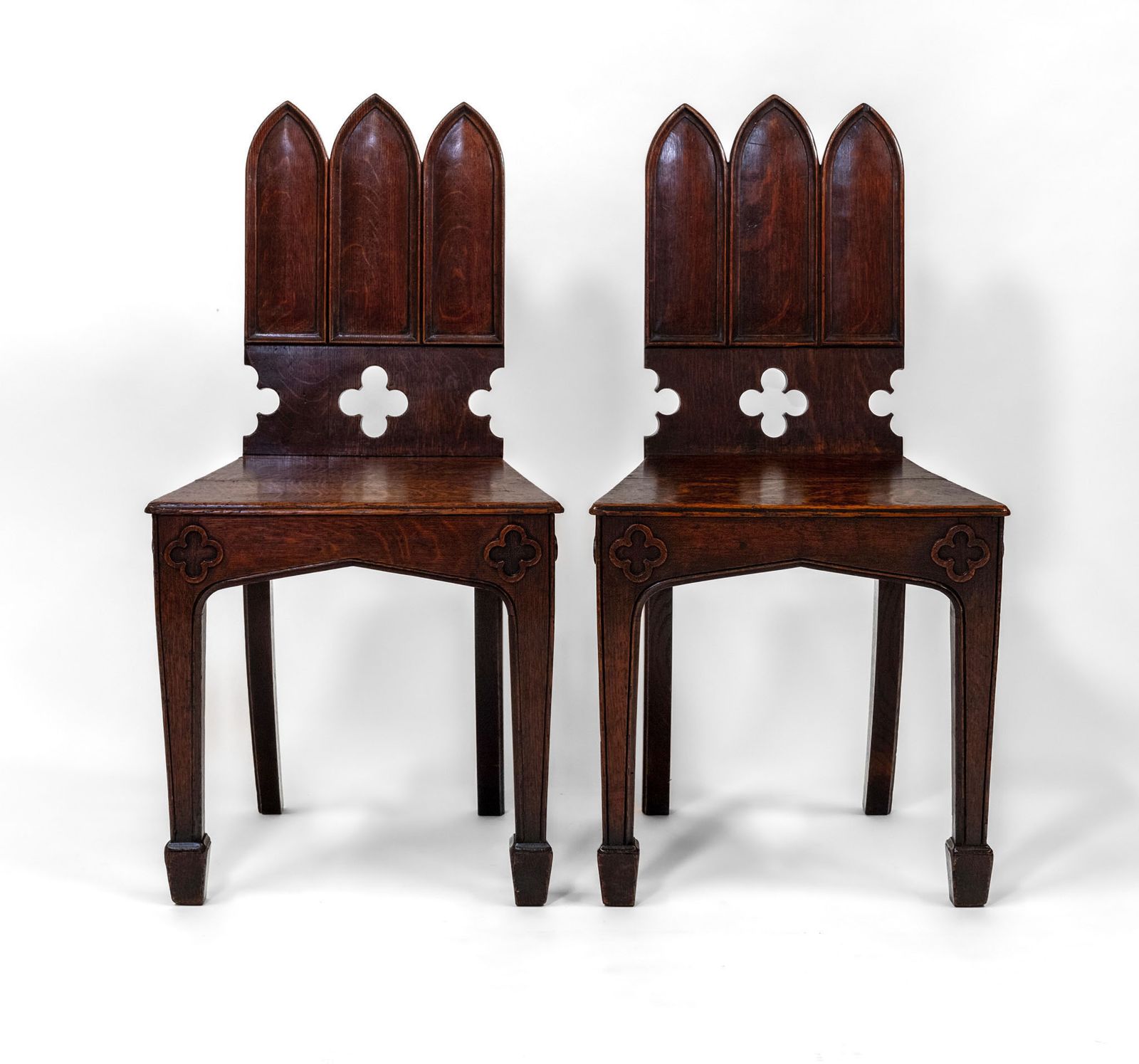 Pair Of Regency Gothic Revival English Oak Hall Chairs Circa 1825