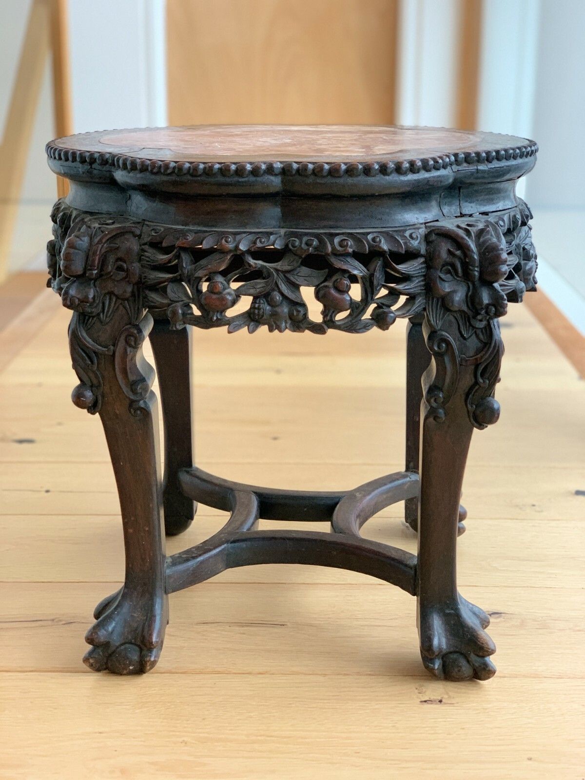 photo furniture 19th Century Oriental Hand Carved Teak Table With Marble Top