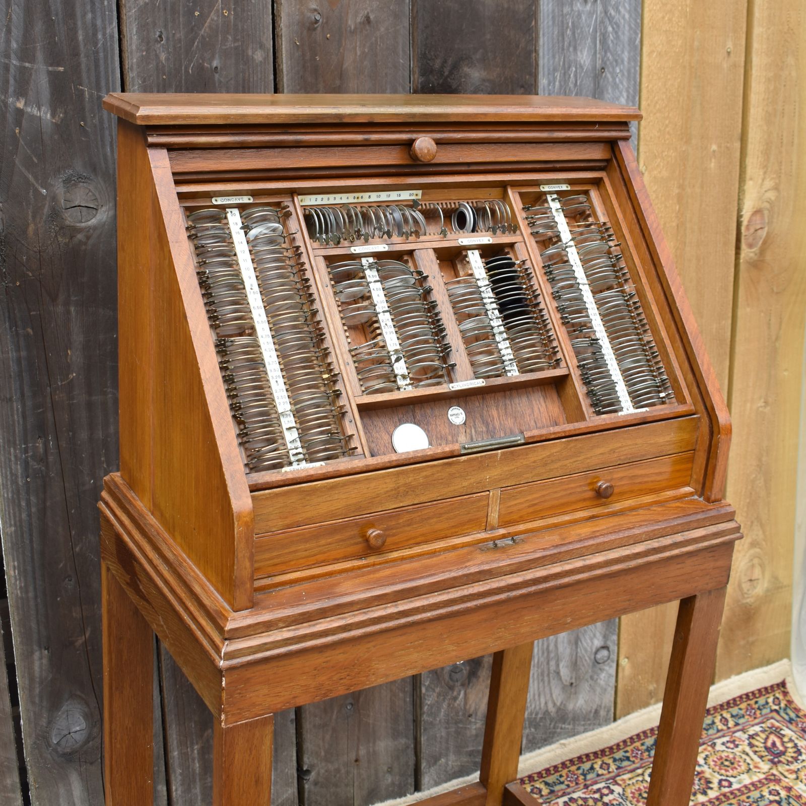 Antique 1900s Raphael's London Optometrist Opticians Tambour Fronted Oak Cabinet