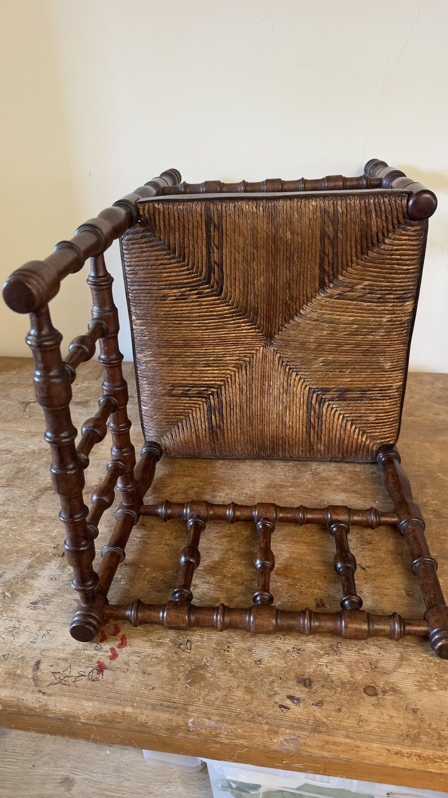 Vintage French Bobbin Corner Chair With A Woven Raffia Seat. photo for sale