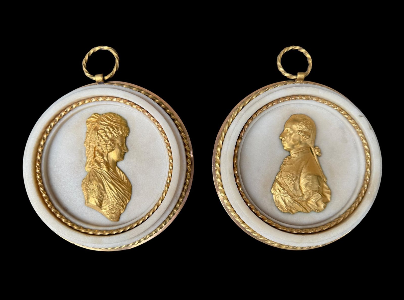 A Pair Of Late Louis XVI Ormolu Mounted And White Marble Portrait Medallions Franz I And Maria Theresa Of Austria