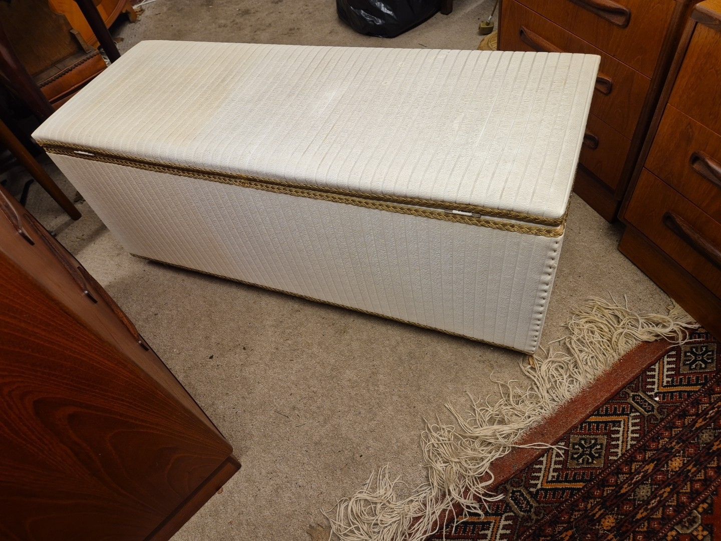 Mid Century, 1970's White Vinyl /Gold Accents Ottoman, Storage Chest, On Castors photo buy