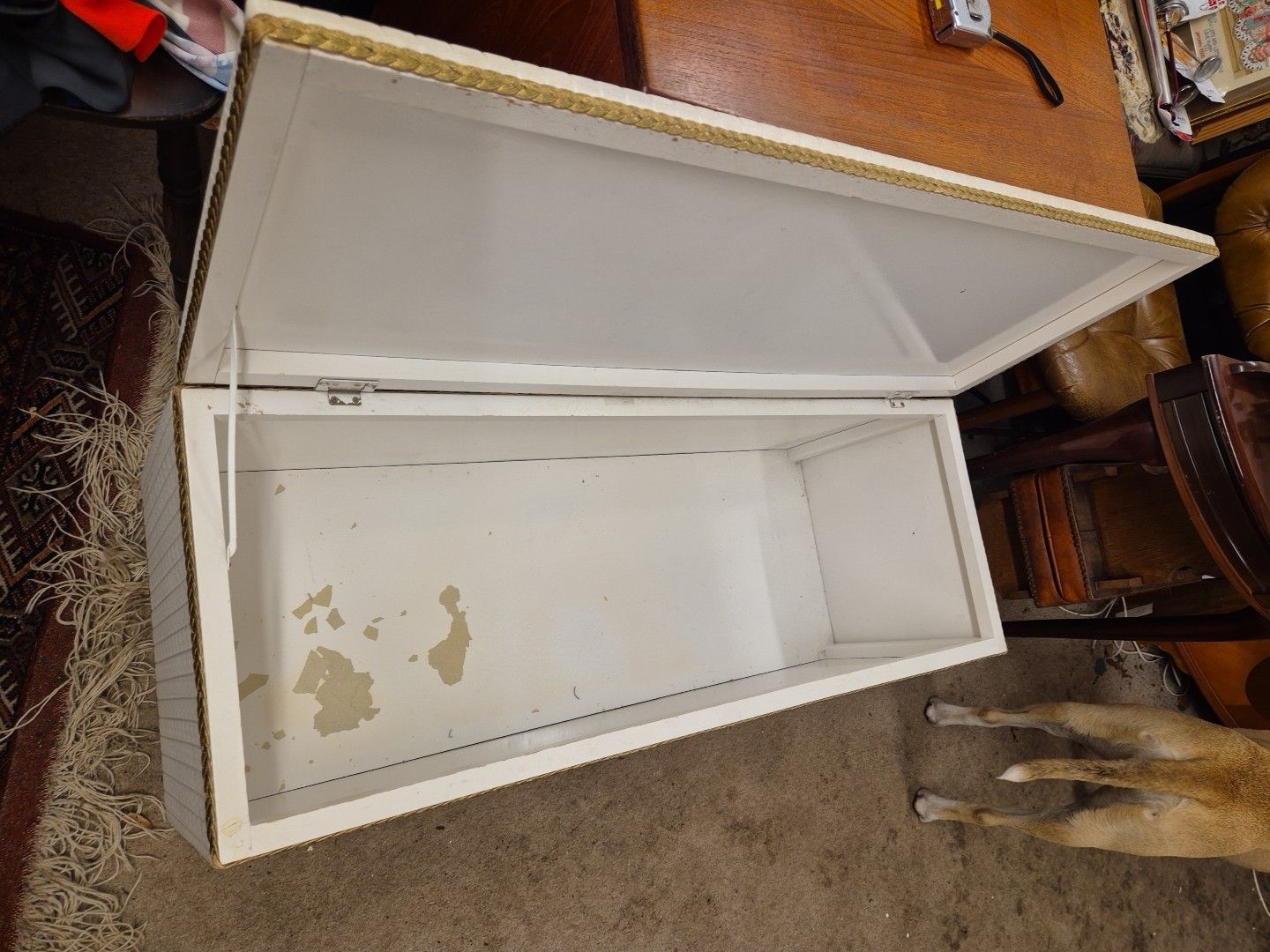 photo for sale Mid Century, 1970's White Vinyl /Gold Accents Ottoman, Storage Chest, On Castors