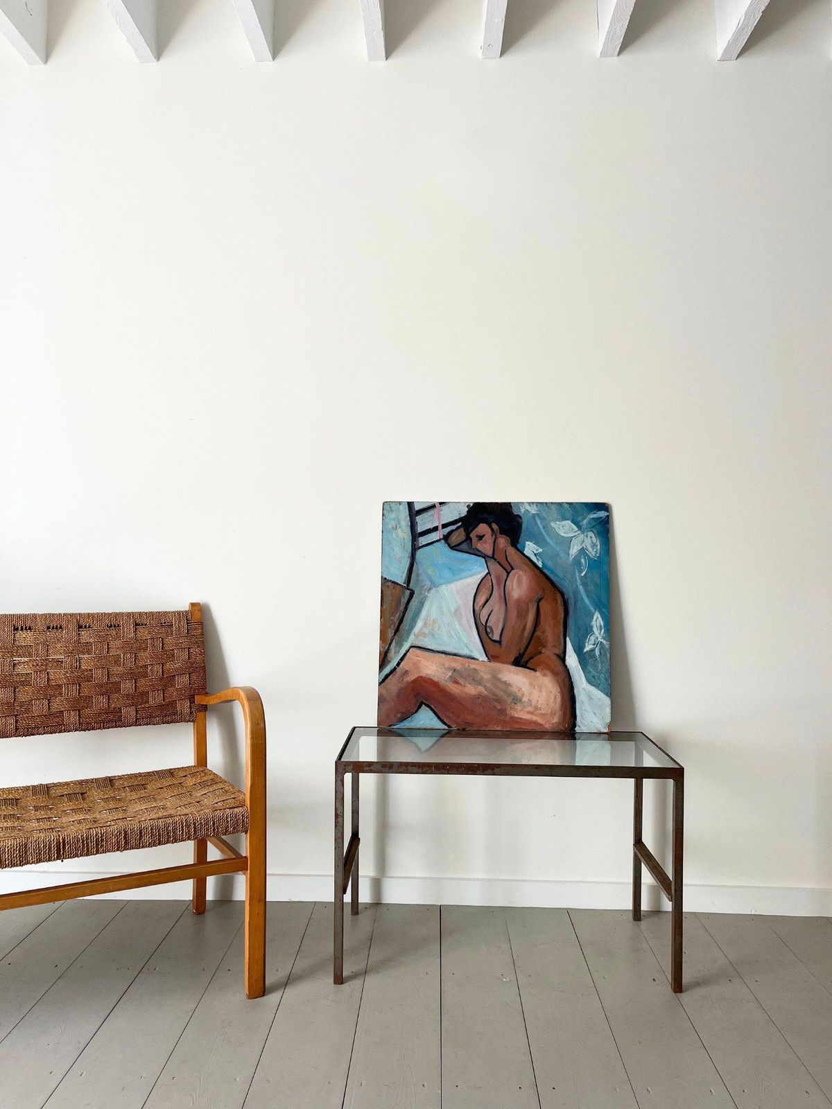 Stylised Nude Oil On Board Painting, A Vintage 20th Century Original Artwork