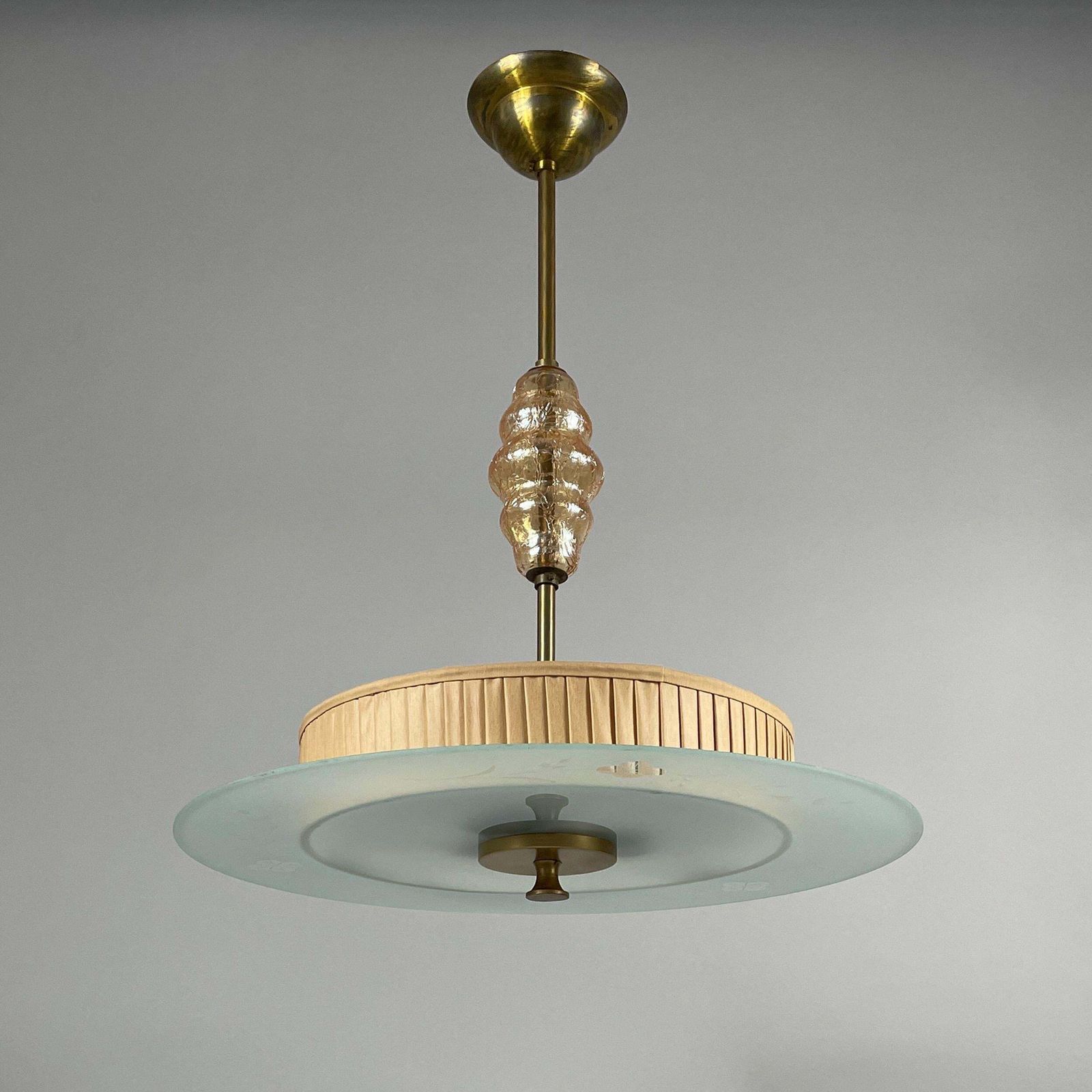 Art Deco Pendant Lamp Made Of Glass, Brass And Fabric, Sweden 1930s photo furniture