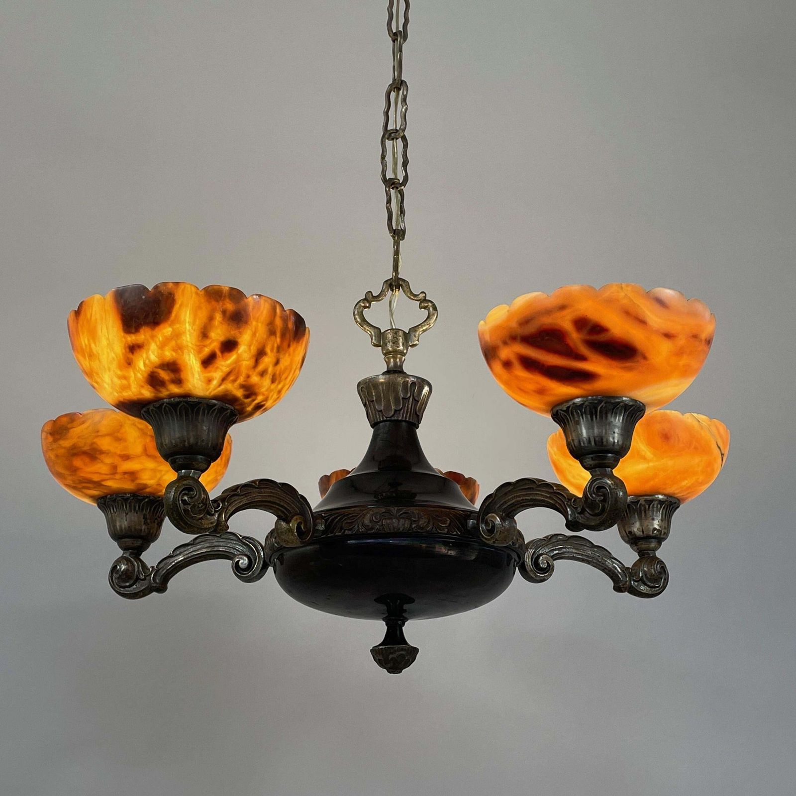 Nickel Plated 5 Light Chandelier Made Of Brass And Alabaster, Sweden 1920s To 1930s photo 2210.0